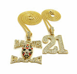 ICED OUT SAVAGE 21 & SLAUGHTER GANG PENDANT & CUBAN CHAINS HIP HOP NECKLACE SET