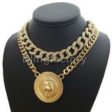 Hip Hop Gold Plated Lion Necklace & 18" Full Iced Cuban Choker Chain Necklace set