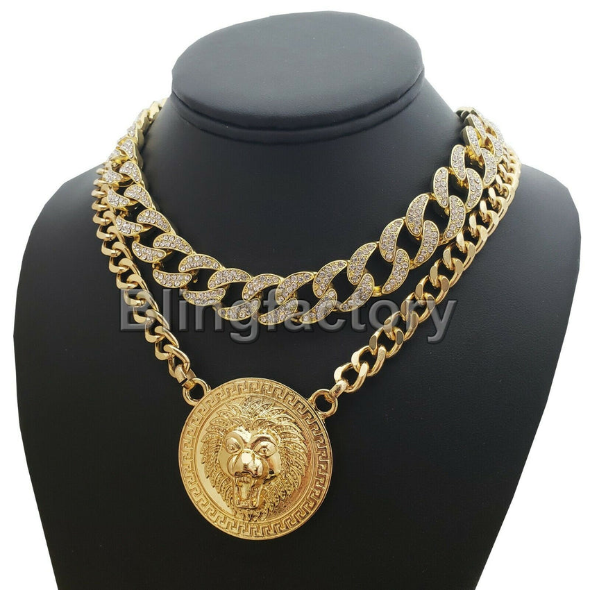Hip Hop Gold Plated Lion Necklace & 18" Full Iced Cuban Choker Chain Necklace set