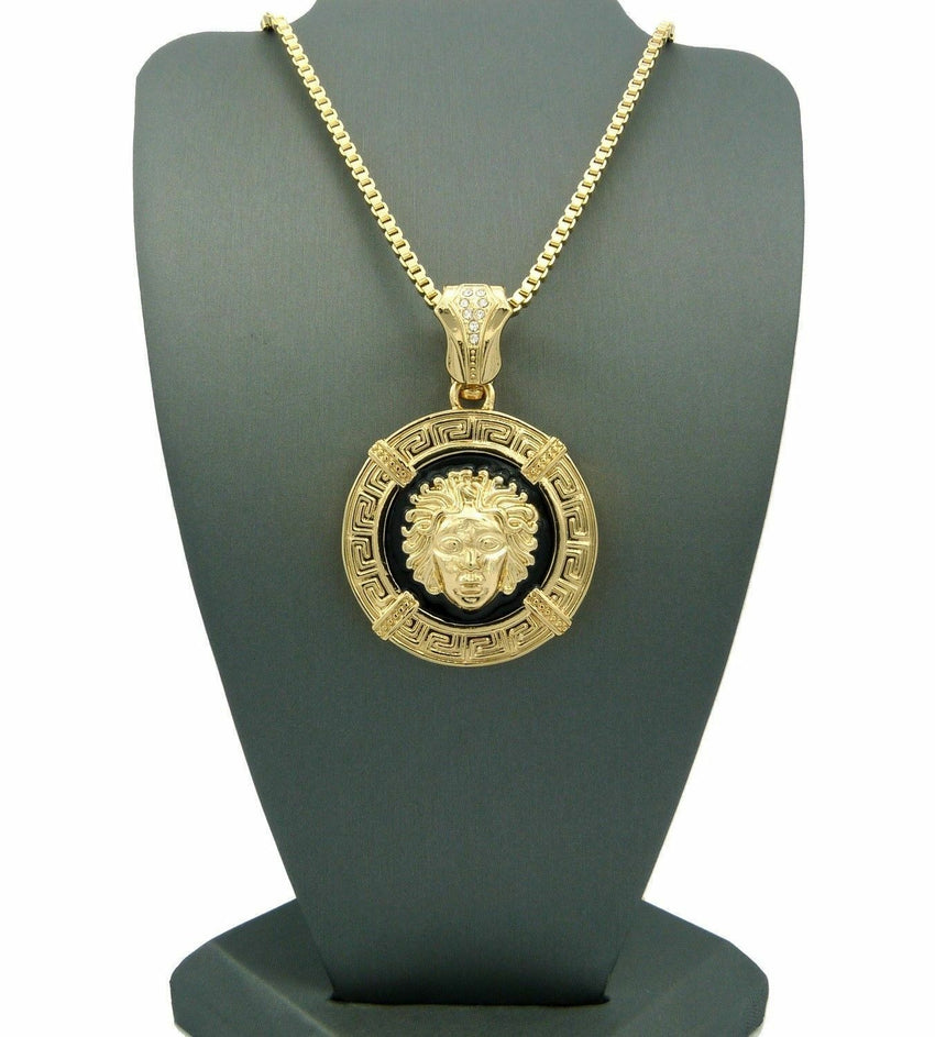 New 14K Gold PT Medusa Face Head Pendant w/ 3mm 30" Box Chain Hip Hop Necklace