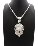 HIP HOP ICED OUT SILVER PLATED LION HEAD PENDANT & 4mm 24" ROPE CHAIN NECKLACE