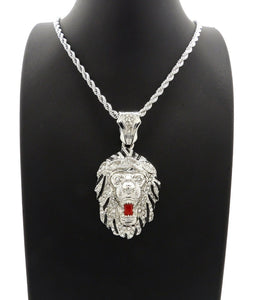 HIP HOP ICED OUT SILVER PLATED LION HEAD PENDANT & 4mm 24