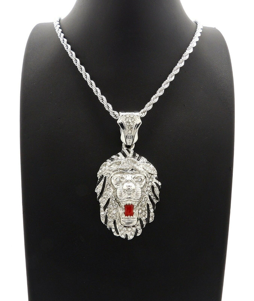 HIP HOP ICED OUT SILVER PLATED LION HEAD PENDANT & 4mm 24" ROPE CHAIN NECKLACE
