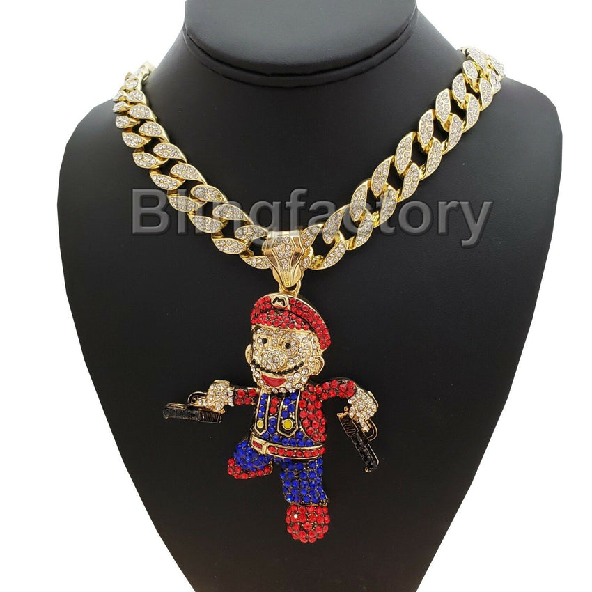 Hip Hop Mario Gun Man Pendant & 18" Full Iced Miami Cuban Choker Chain Necklace