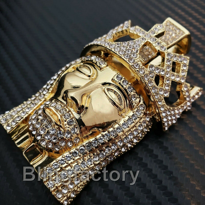 HIP HOP ICED OUT 14K GOLD PLATED BLING LAB DIAMOND LARGE KING JESUS HEAD PENDANT