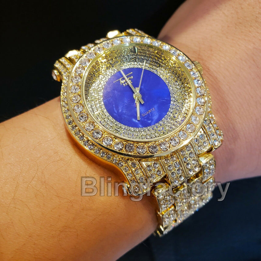 Men Hip Hop Iced Gold Plated Bling Blue Dial Lab Diamond Rapper Metal Watch