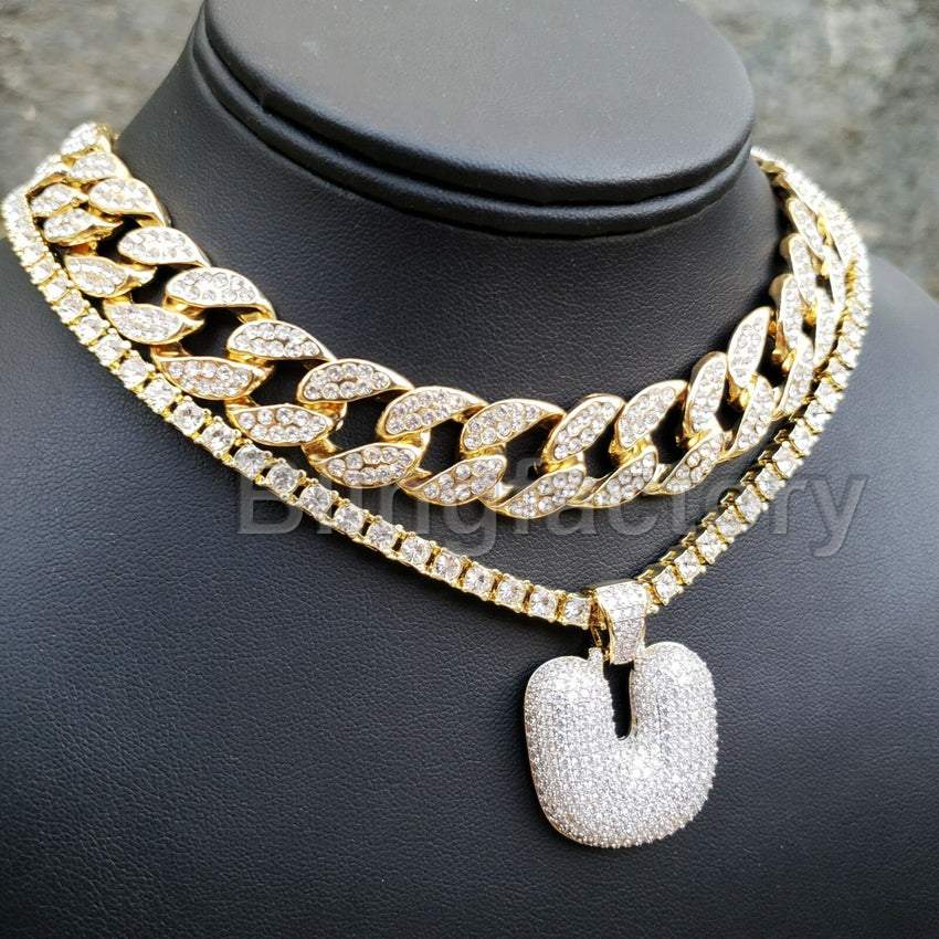 Hip Hop Bubble Letter "U" & 18" Full Iced Cuban & 1 Row Tennis Choker Chain Necklace Set