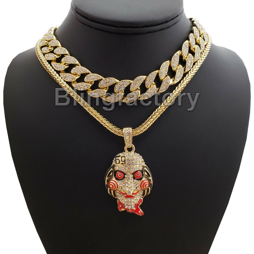 Hip Hop Tekashi69 Saw pendant w/ 18" Franco Chain & Full Iced Cuban Choker Necklace Set