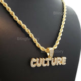 Hip Hop Iced out Bubble Letter "CULTURE" Pendant & 5mm 24" Rope Chain Necklace