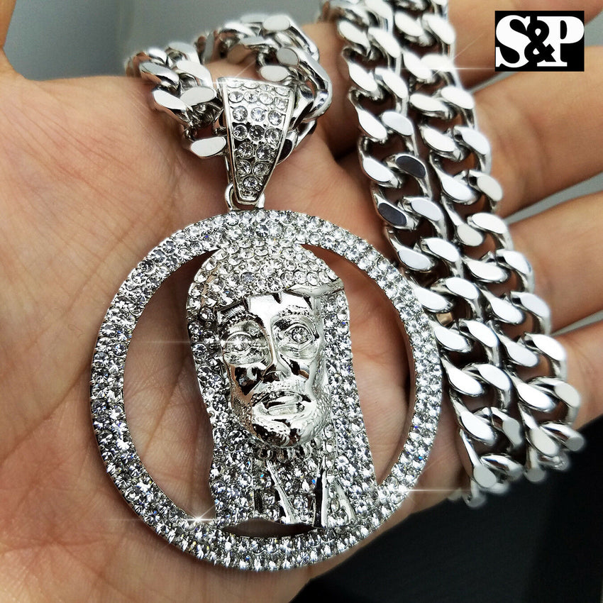 HIP HOP ICED OUT BIG JESUS FACE PENDANT & 10mm 30" HEAVY CUBAN CHAIN NECKLACE