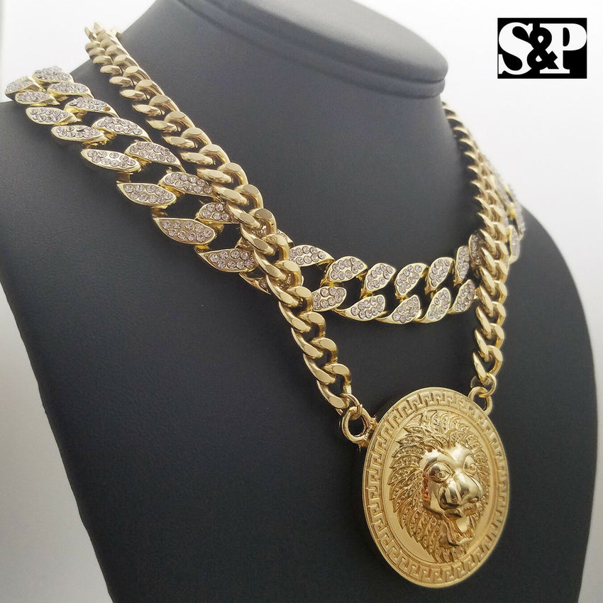 Hip Hop Gold Plated 16" Full Iced Cuban & Lion Face pendant Choker Chain Necklace Set