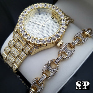 MEN'S ICED OUT HIP HOP GOLD PT WATCH & GUCCI LINK CHAIN BRACELET COMBO SET