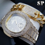 MENS HIP HOP QUAVO GOLD PT LUXURY WATCH & FULL ICED CUBAN BRACELET COMBO SET