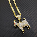 Hip Hop Iced out Gold, Silver plated GOAT Pendant & 4mm 24" Rope Chain Necklace