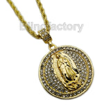 Hip Hop Iced out Virgen De Guadalupe Pendant & 4mm 24" Rope Chain Necklace