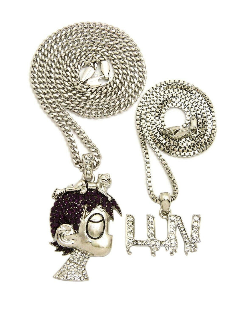 ICED OUT LIL UZI VERT PAVE CARTOON & LUV PENDANT W/ 24" 30" CHAIN NECKLACE SET