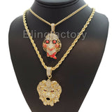 Iced out Saw Inspired & Lion Head Pendant & 24" 30" Rope, Cuban Chain Necklace Set