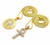 Iced Out Egypt Breath of Life Ankh Pendant w/ 24",30" Box Chain 2 Necklace Set