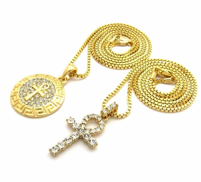 Iced Out Egypt Breath of Life Ankh Pendant w/ 24",30" Box Chain 2 Necklace Set