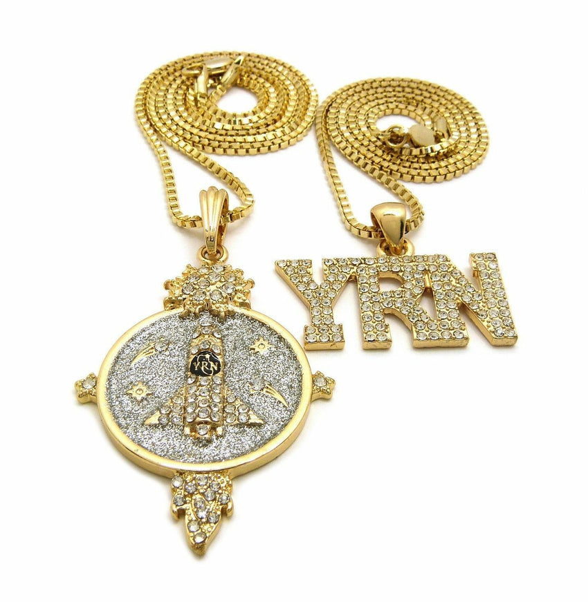 Hip Hop Iced Out Migos YRN Rocket Pendant & 24", 30" Box Chain 2 Necklace Set