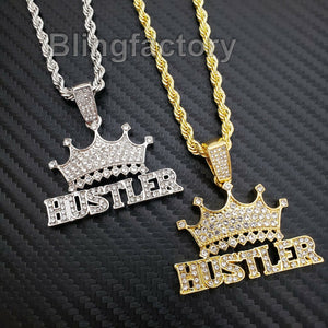 Hip Hop Iced out Lab Diamond Crowned HUSTLER Pendant & 24
