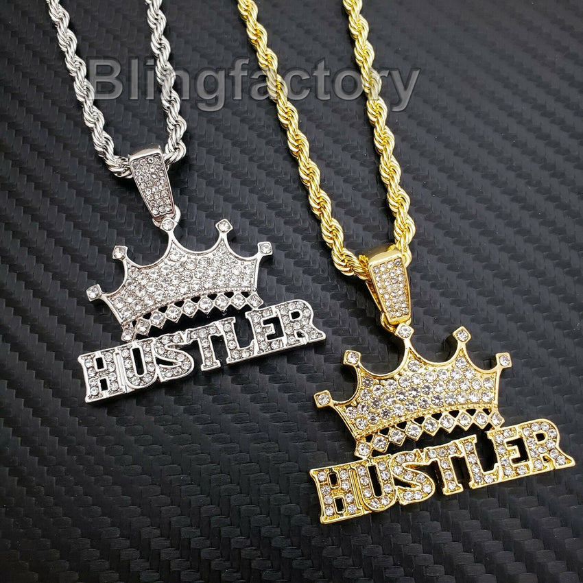 Hip Hop Iced out Lab Diamond Crowned HUSTLER Pendant & 24" Rope Chain Necklace