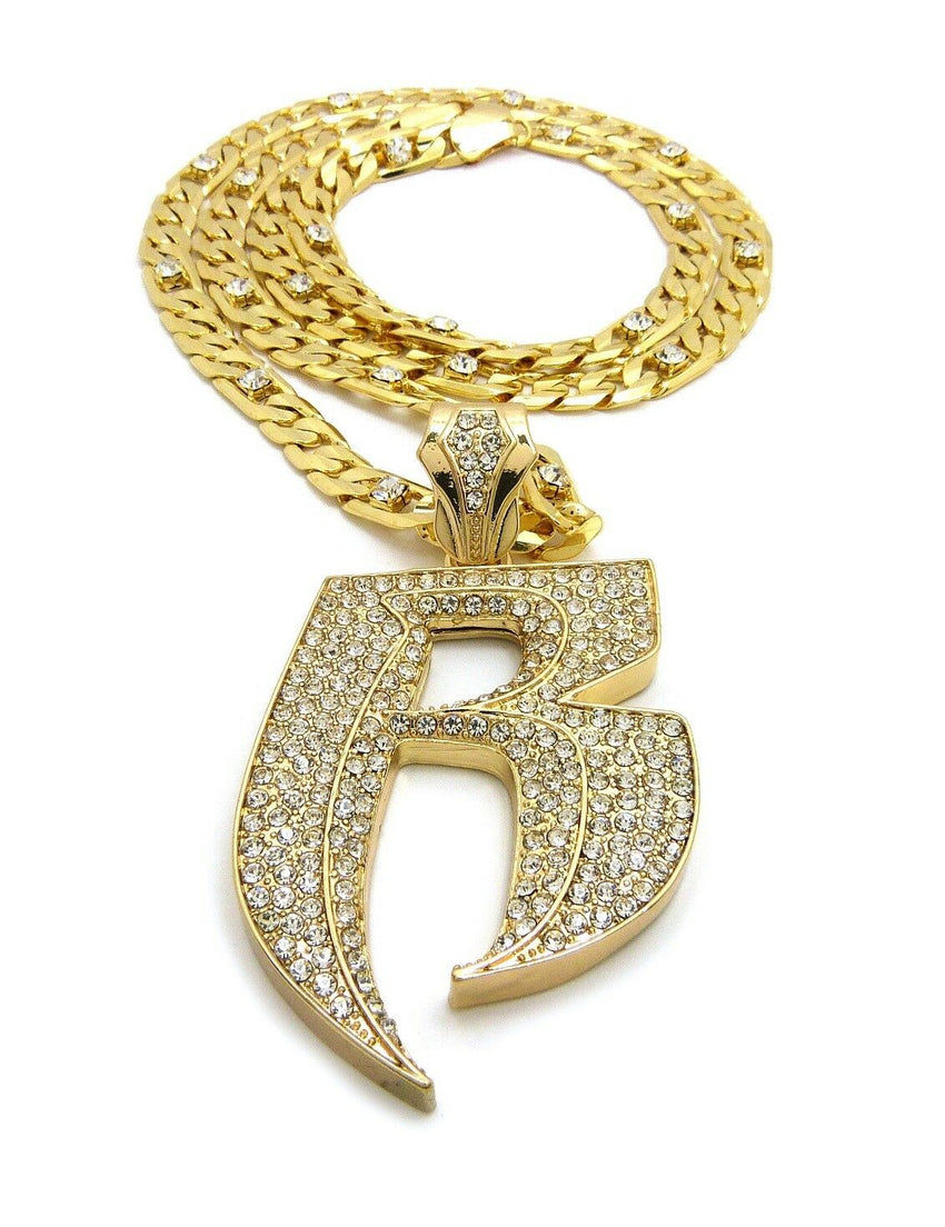 Iced Out Hip Hop RUFF RIDERS R Pendant & 7mm 30" Lab Diamonds Figaro Chain Necklace