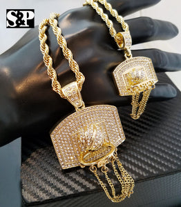 Men Two Iced out Basket ball Hoop Pendant & 5mm 30