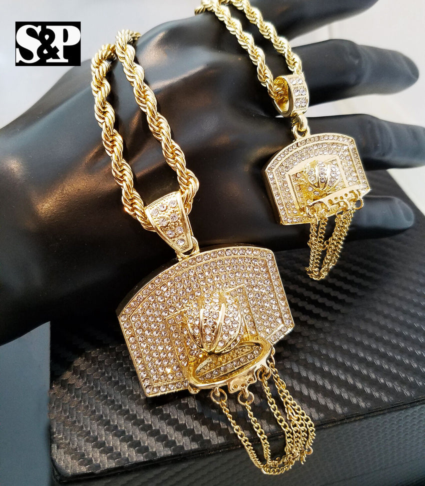 Men Two Iced out Basket ball Hoop Pendant & 5mm 30", 4mm 24" Rope Chain Necklace