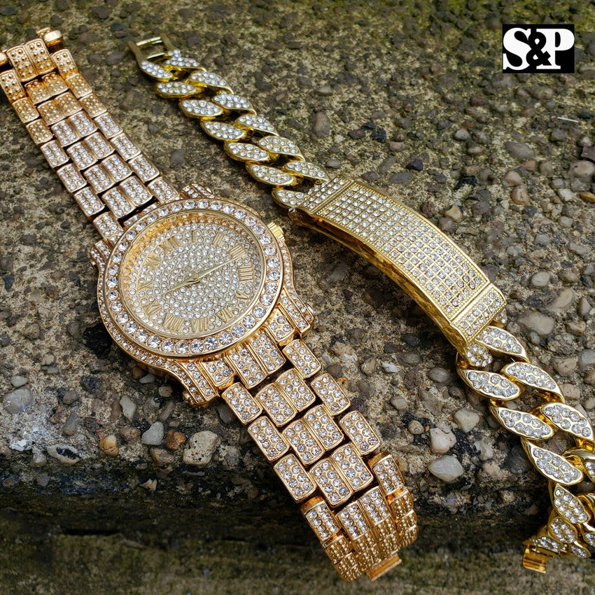 MEN'S HIP HOP GOLD PT BLING LAB DIAMOND WATCH & FULL ICED BRACELET COMBO SET