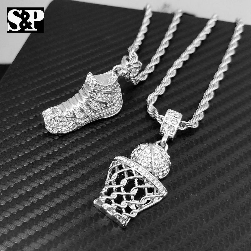 Hip Hop Iced Out JD SHOE & BASKETBALL Pendant & 24" Chain 2 Necklace Set