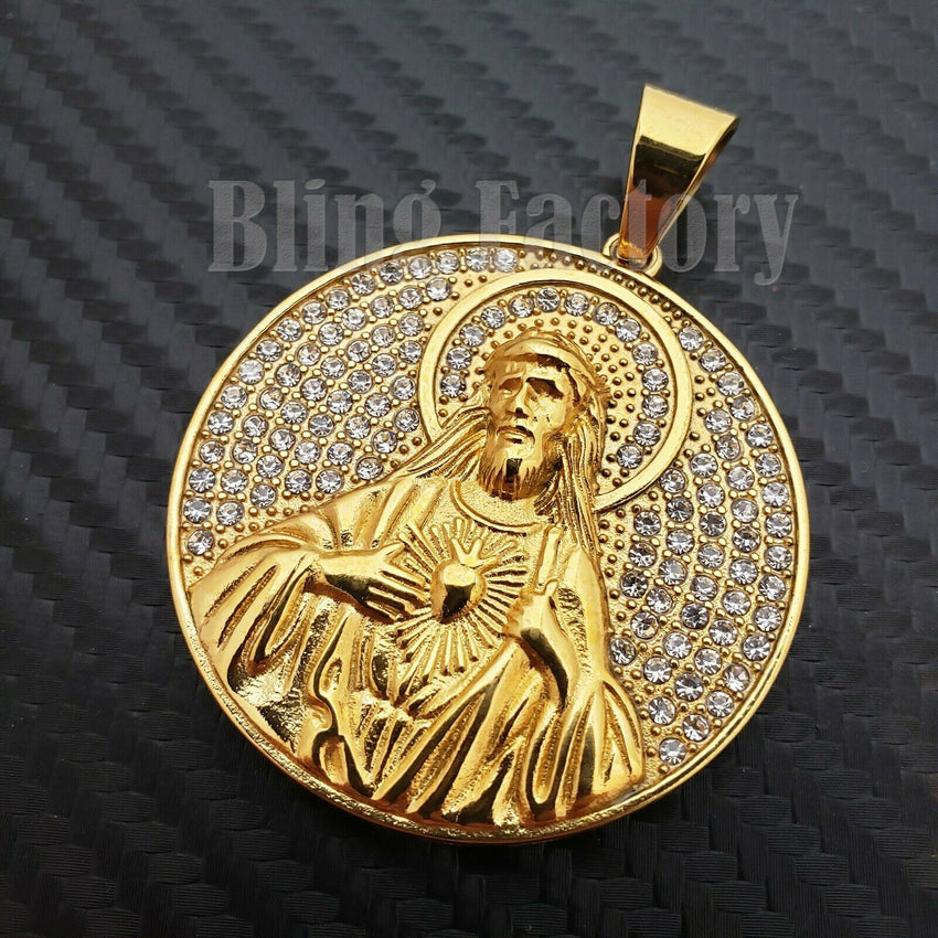 Iced out Hip Hop Stainless steel Gold Tone Holy Jesus Medal Charm Pendant