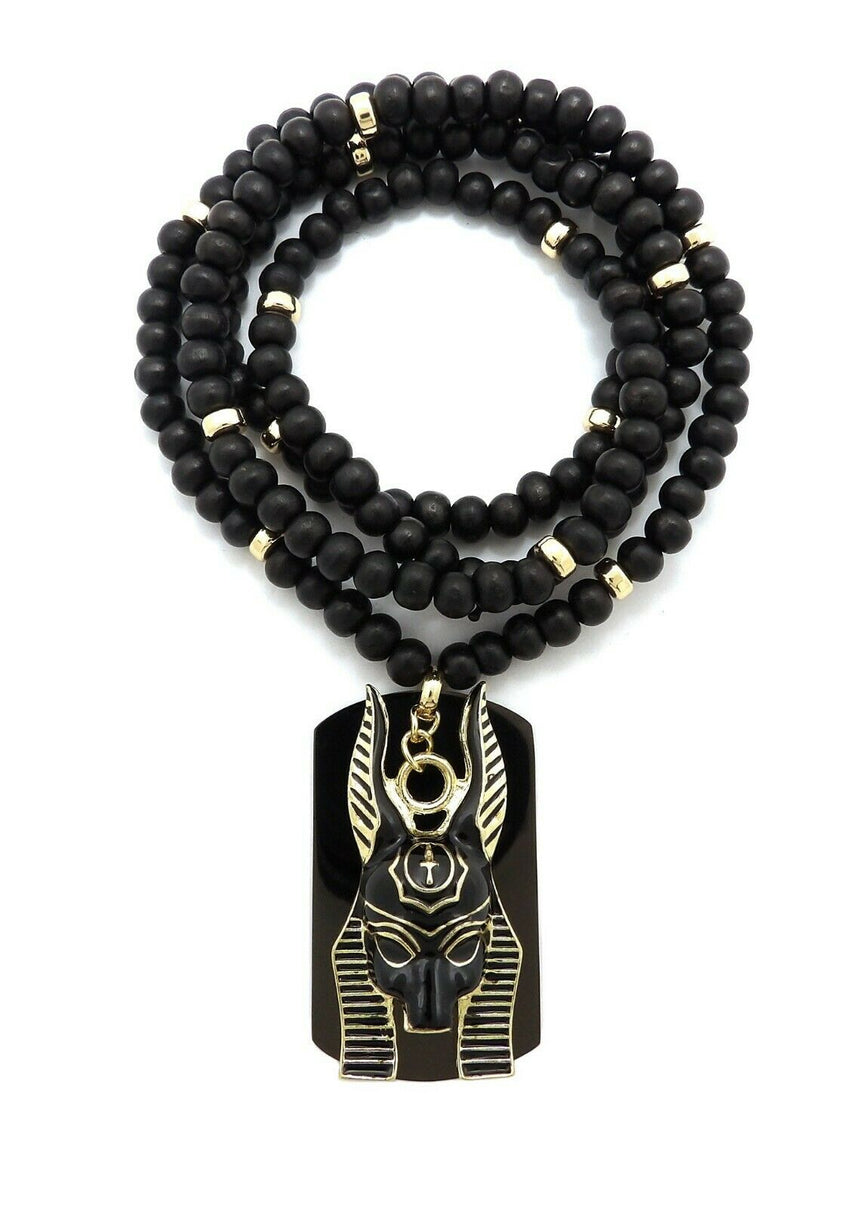 Hip Hop Egyptian Anubis & Dog Tag Pendant & 6mm 30" Wooden Bead Necklace