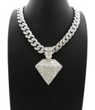 Hip Hop Diamond Shape Pendant & 18" Iced Box Lock Miami Cuban Chain Necklace
