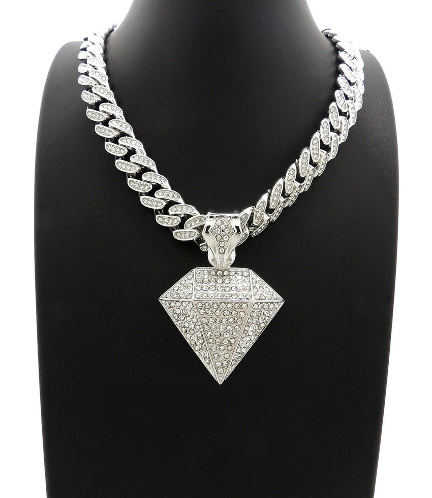 Hip Hop Diamond Shape Pendant & 18" Iced Box Lock Miami Cuban Chain Necklace