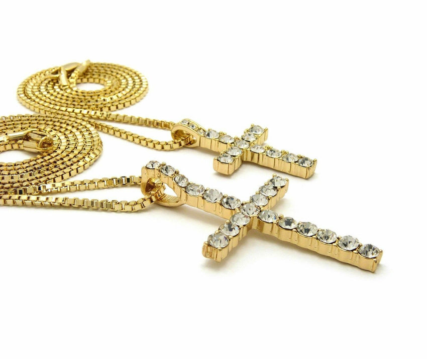 ICED OUT CROSS DOUBLE PENDANT & 2mm 24" & 30" BOX CHAIN 2 NECKLACE SET