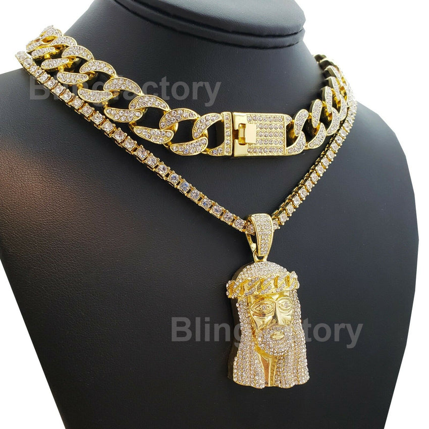 Hip Hop Jesus Face Pendant & 18" Full Iced Cuban & 1 Row Tennis Choker Chain Necklace Set