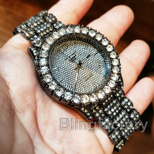 Men's Hip Hop Iced Rapper Bling BIG Simulated Diamond Black Metal Band Watch