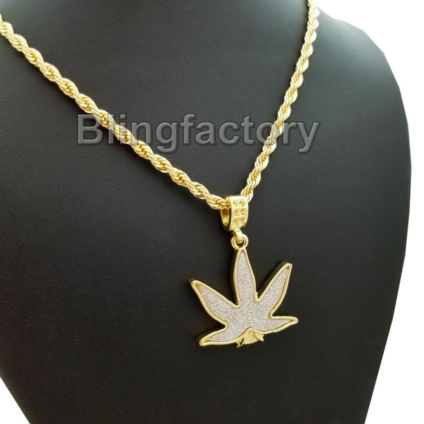 Hip Hop Iced out Glittered Marijuana Pendant & 4mm 24" Rope Chain Necklace