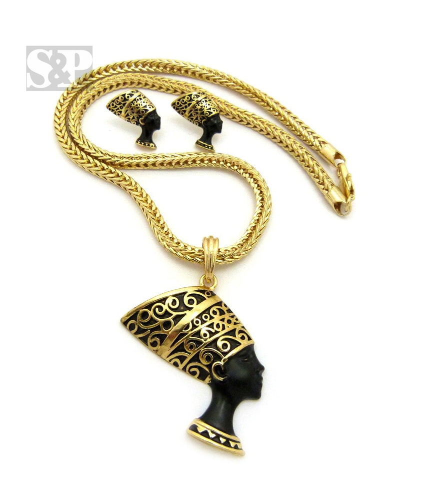 WOMEN'S NEFERTITI PENDANT & FRANCO CHAIN FASHION NECKLACE & EARRING COMBO SET