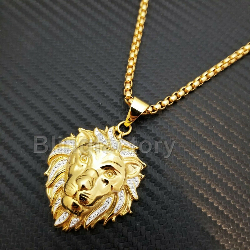 Stainless Steel Gold PT Lion Head Pendant & 3mm 24" Round Box Chain Necklace