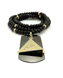 Hip Hop Iced Egyptian Pyramid & Dog Tag Pendant w/ 6mm 30" Wooden Bead Necklace