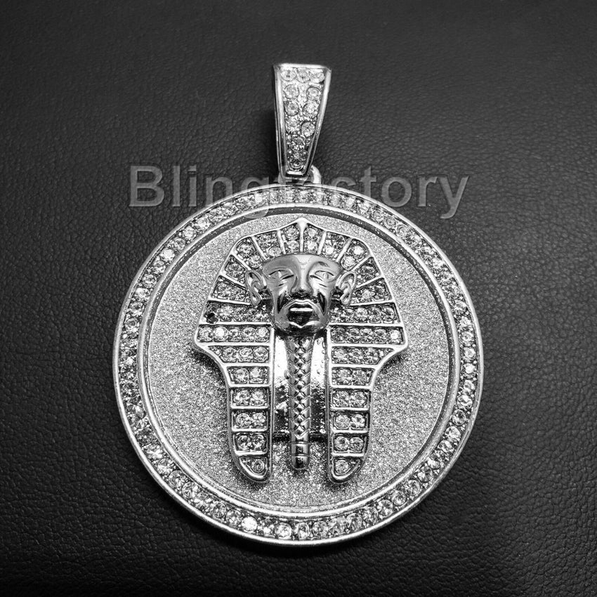 HIP HOP ICED OUT LAB DIAMOND SILVER PLATED EGYPTIAN PHARAOH MEDALLION PENDANT