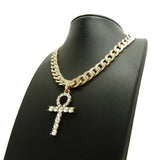 Iced out Ankh Cross Pendant & 18" 20" 22" 24" CZ Cuban Choker Chain Necklace