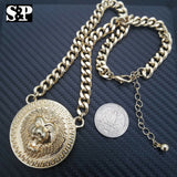 Hip Hop Gold Plated 16" Full Iced Cuban & Lion Face pendant Choker Chain Necklace Set