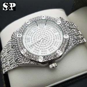 Men's White Gold plated Iced out Luxury Quavo Rapper's Metal Band Clubbing Watch