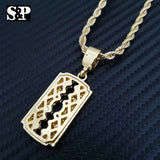 Fashion Iced Barber Shop Razor Blade Pendant w/ 4mm 24" Rope Chain Necklace