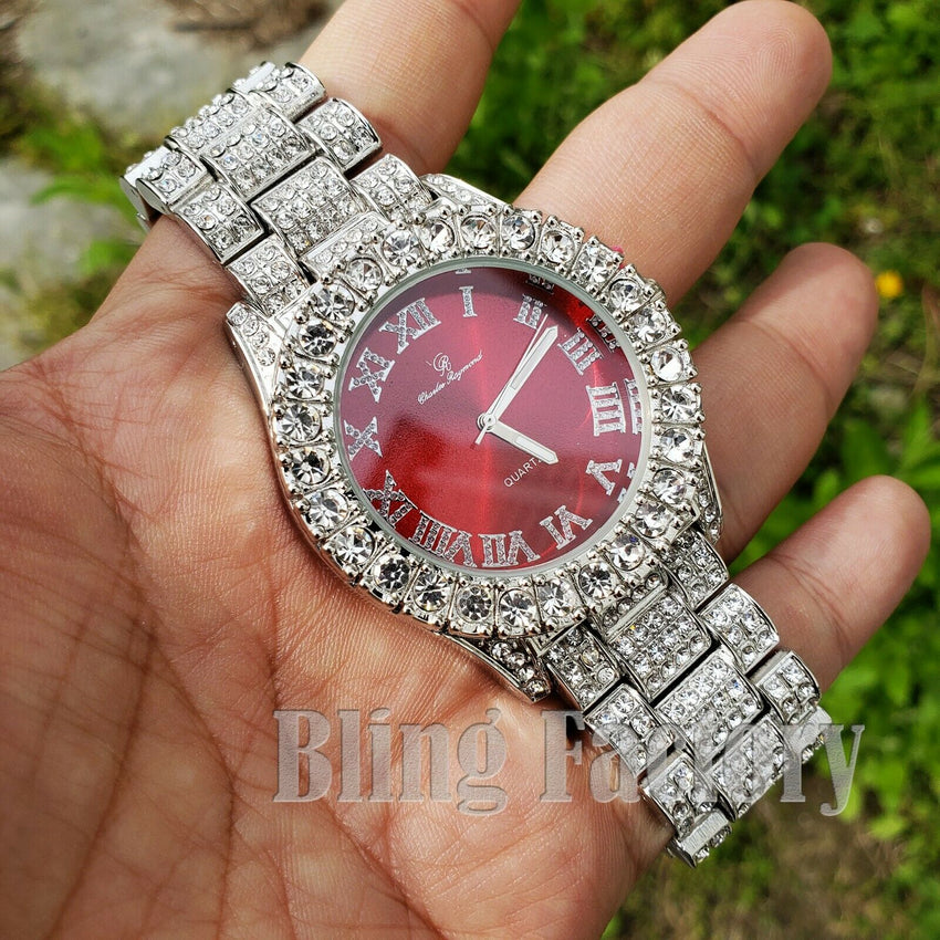 Men's Hip Hop Iced Red Dial White Gold PT Migos Bling BIG Simulated Diamond Watch