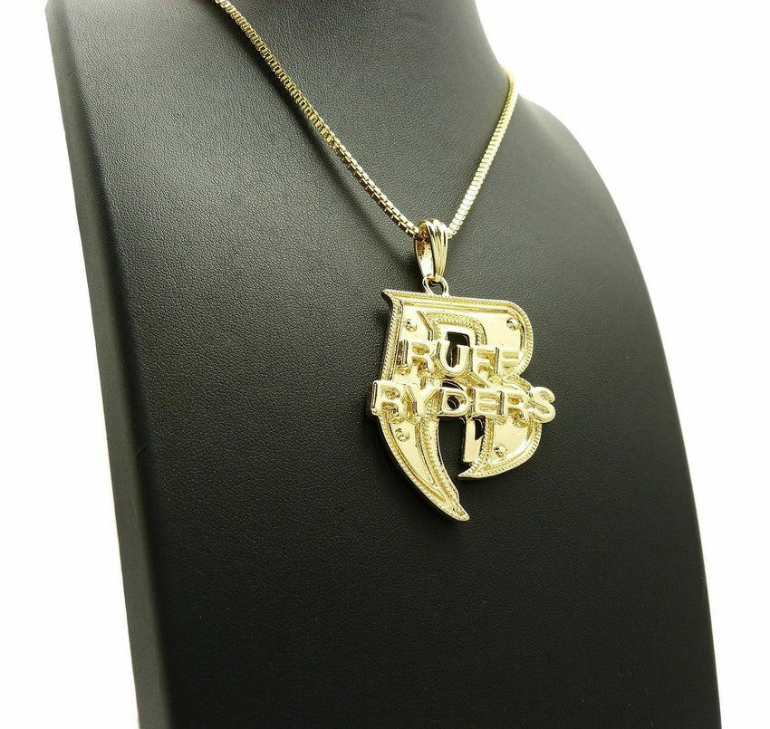 Hip Hop Gold plated Rapper's Ruff Ryder R Pendant & 24" Box Chain Necklace