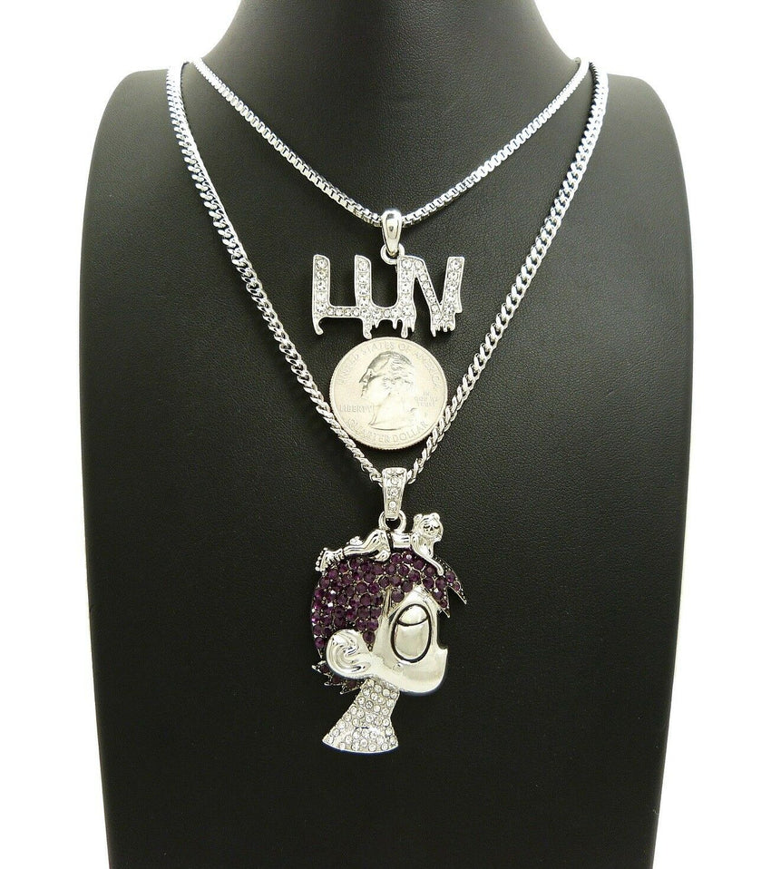 ICED OUT LIL UZI VERT PAVE CARTOON & LUV PENDANT W/ 24" 30" CHAIN NECKLACE SET